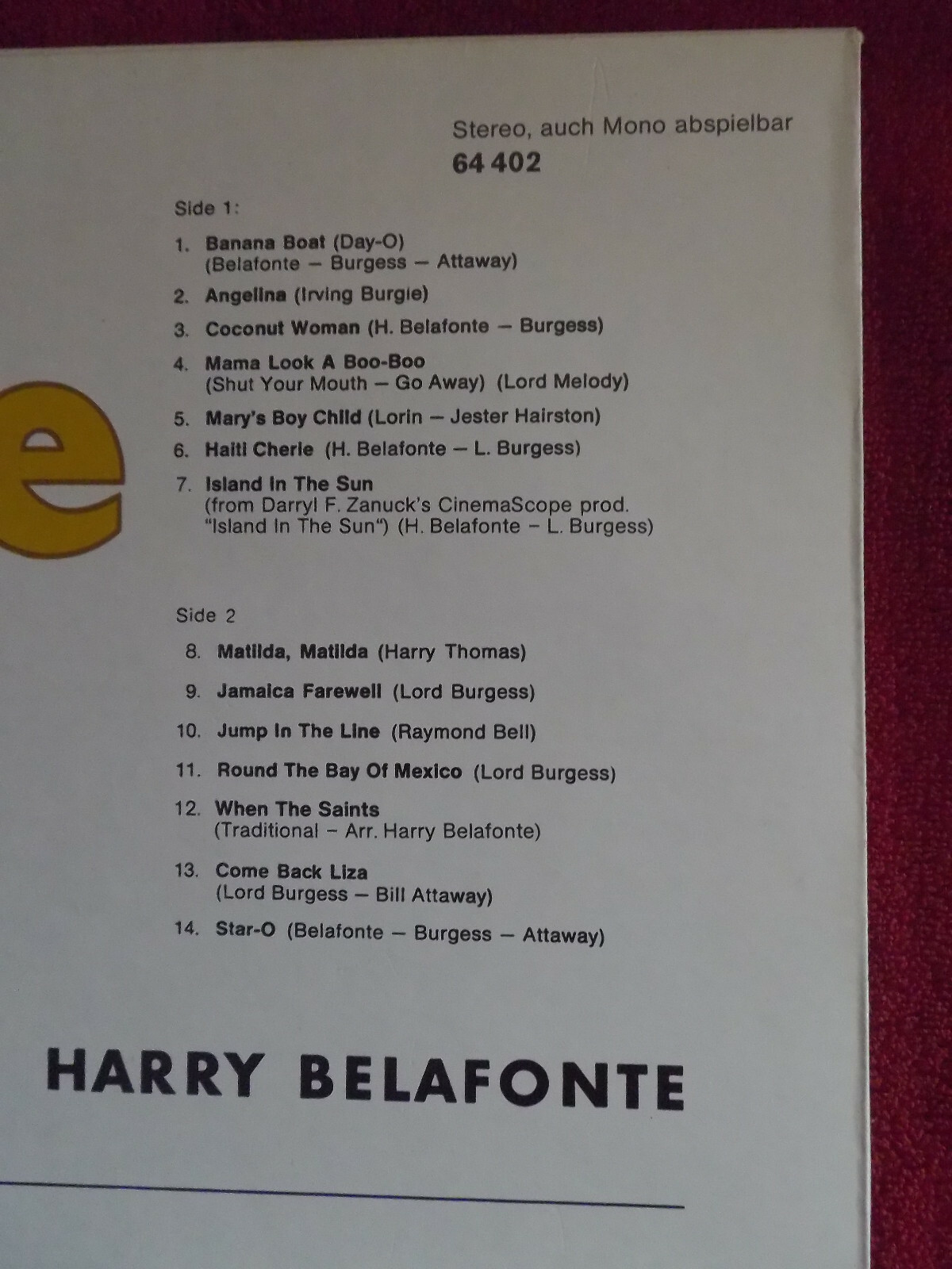 Harry Belafonte – Golden Records | RCA Records Sonderauflage 64 402, Bild 3