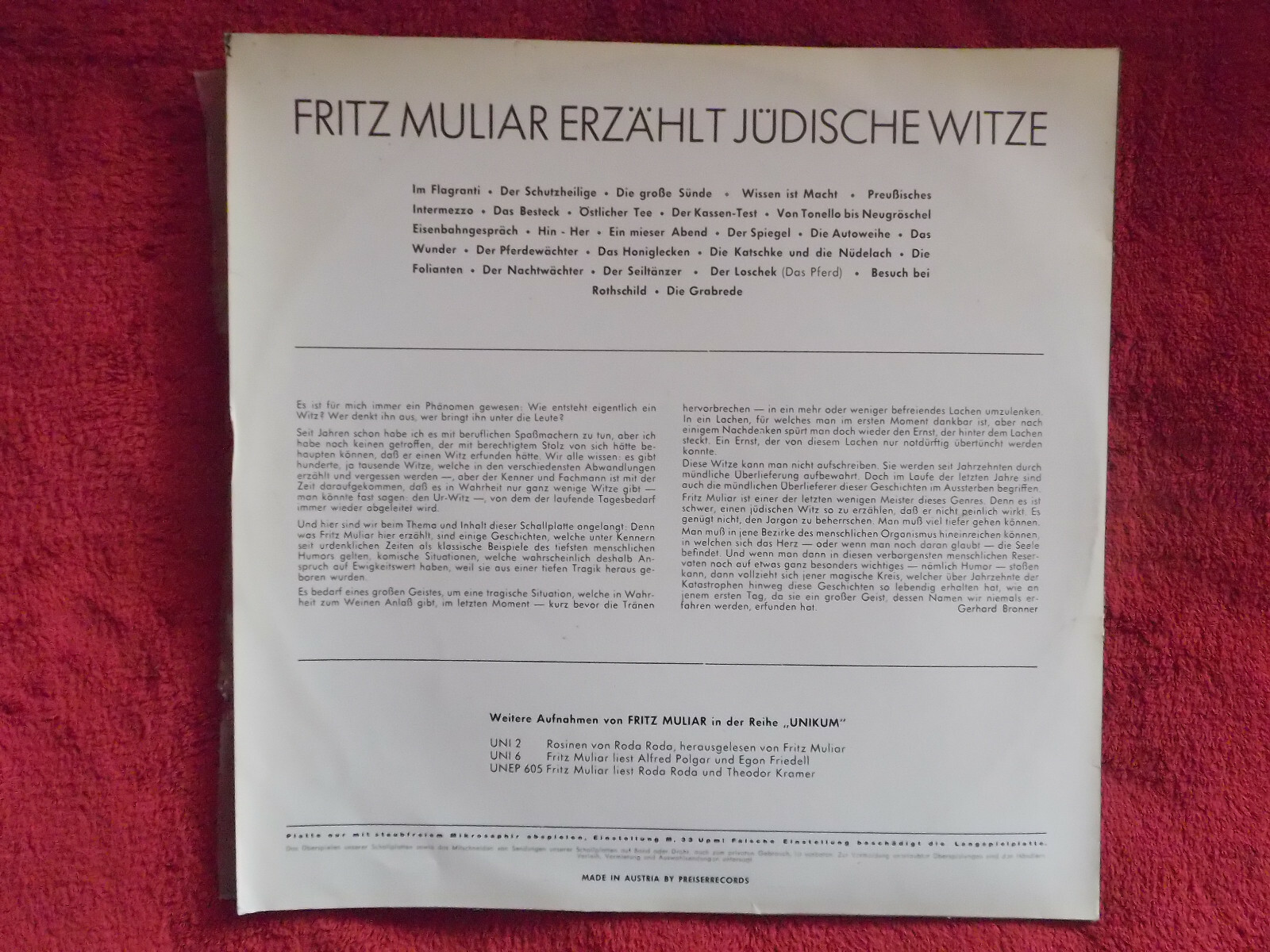Fritz Muliar – Jüdische Witze erzählt von Fritz Muliar | LP, Unikum Records, Bild 4