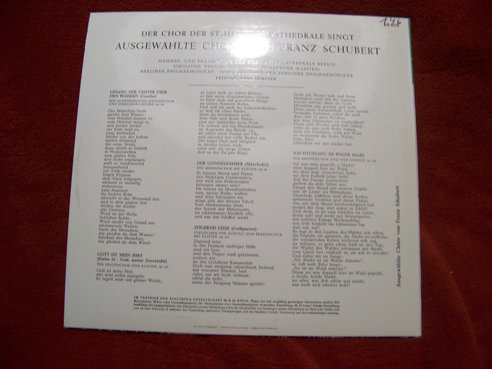 Chor der St.-Hedwigs-Kathedrale – Chöre von Franz Schubert | Electrola 10-inch-LP, Bild 2