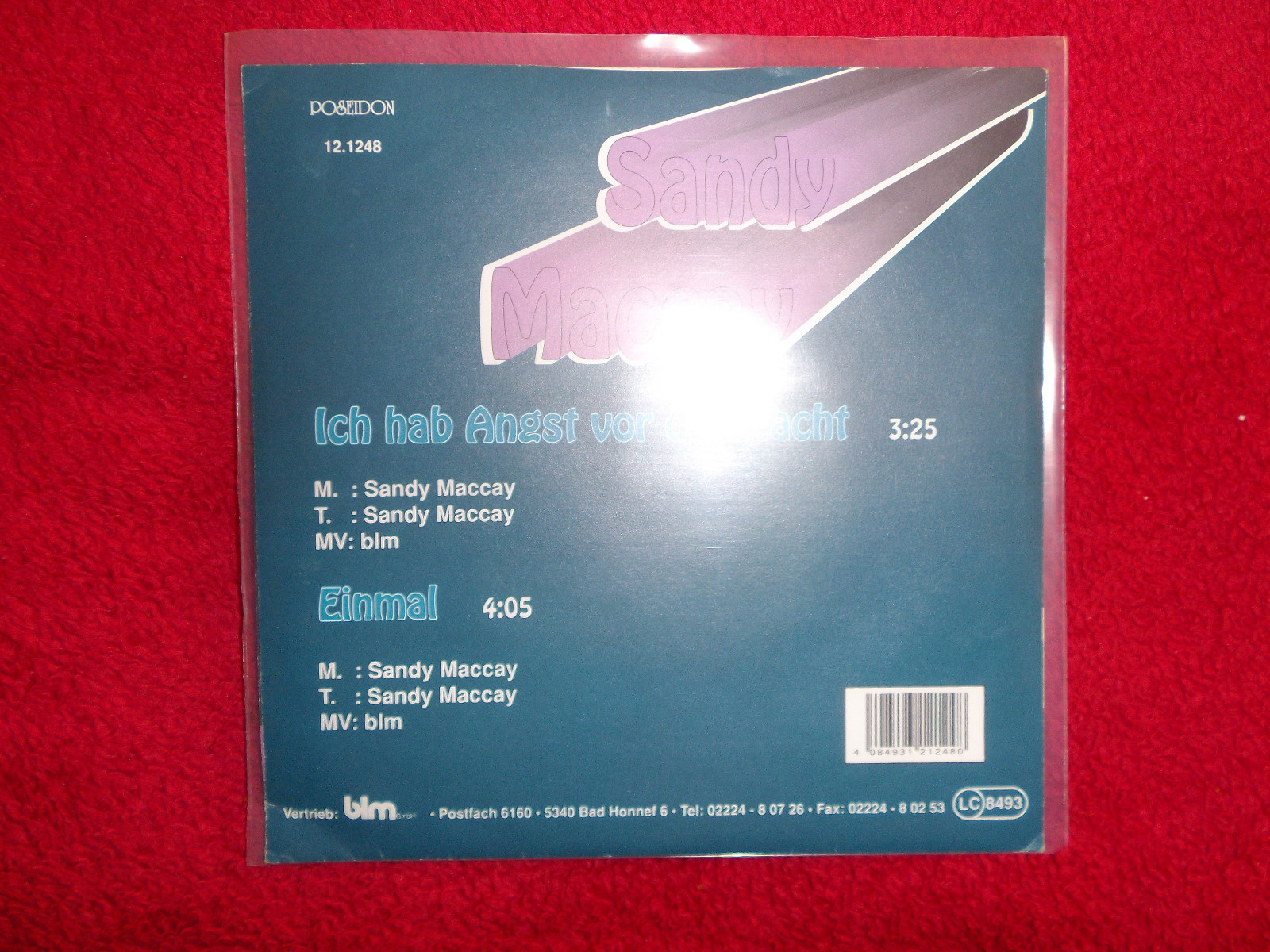 Sandy Maccay – Ich hab Angst vor der Nacht / Einsam (7″-Single, Poseidon Records 12.1248, 1974), Bild 2