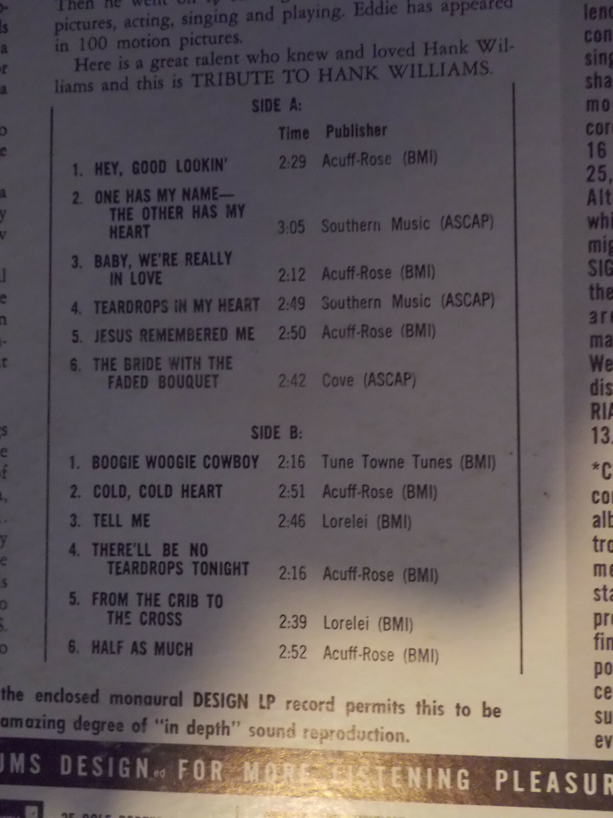 Eddie Dean – Eddie Dean sings a tribute to Hank Williams (LP), Bild 3