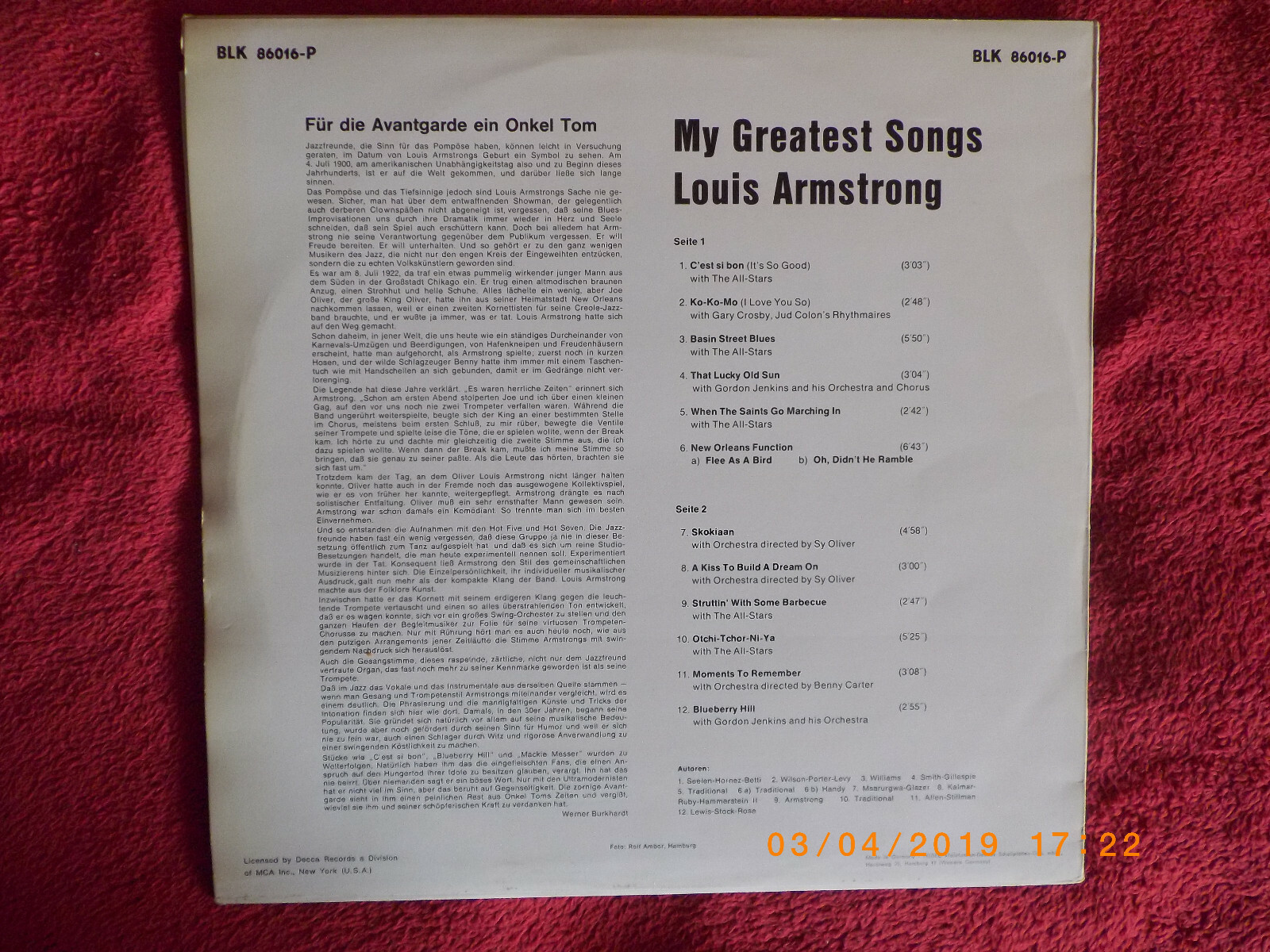 Louis Armstrong – My greatest songs | Decca Records, LP, Bild 3