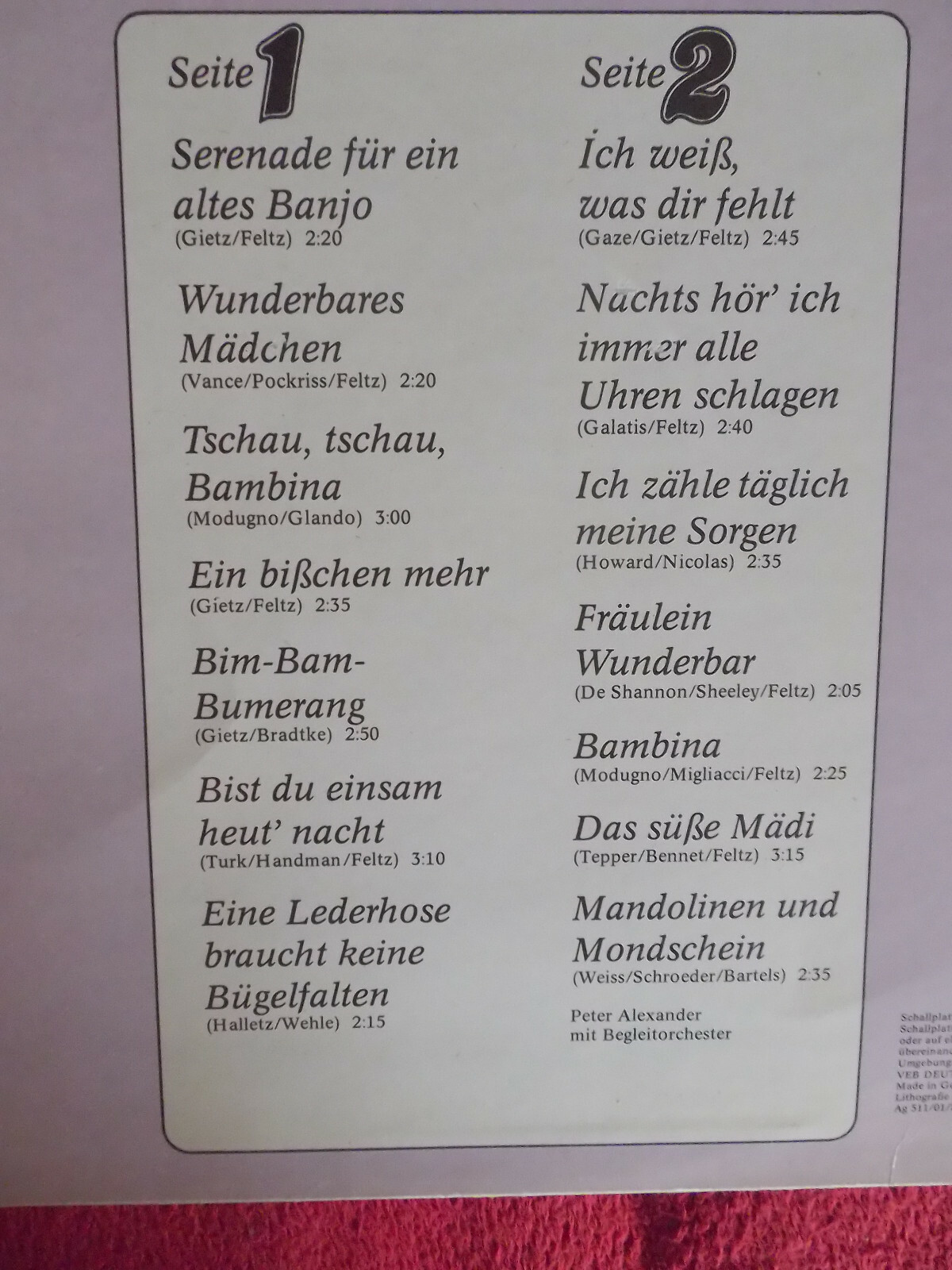 Peter Alexander – Schlagermelodien mit Peter Alexander (Amiga LP, 1982), Bild 5