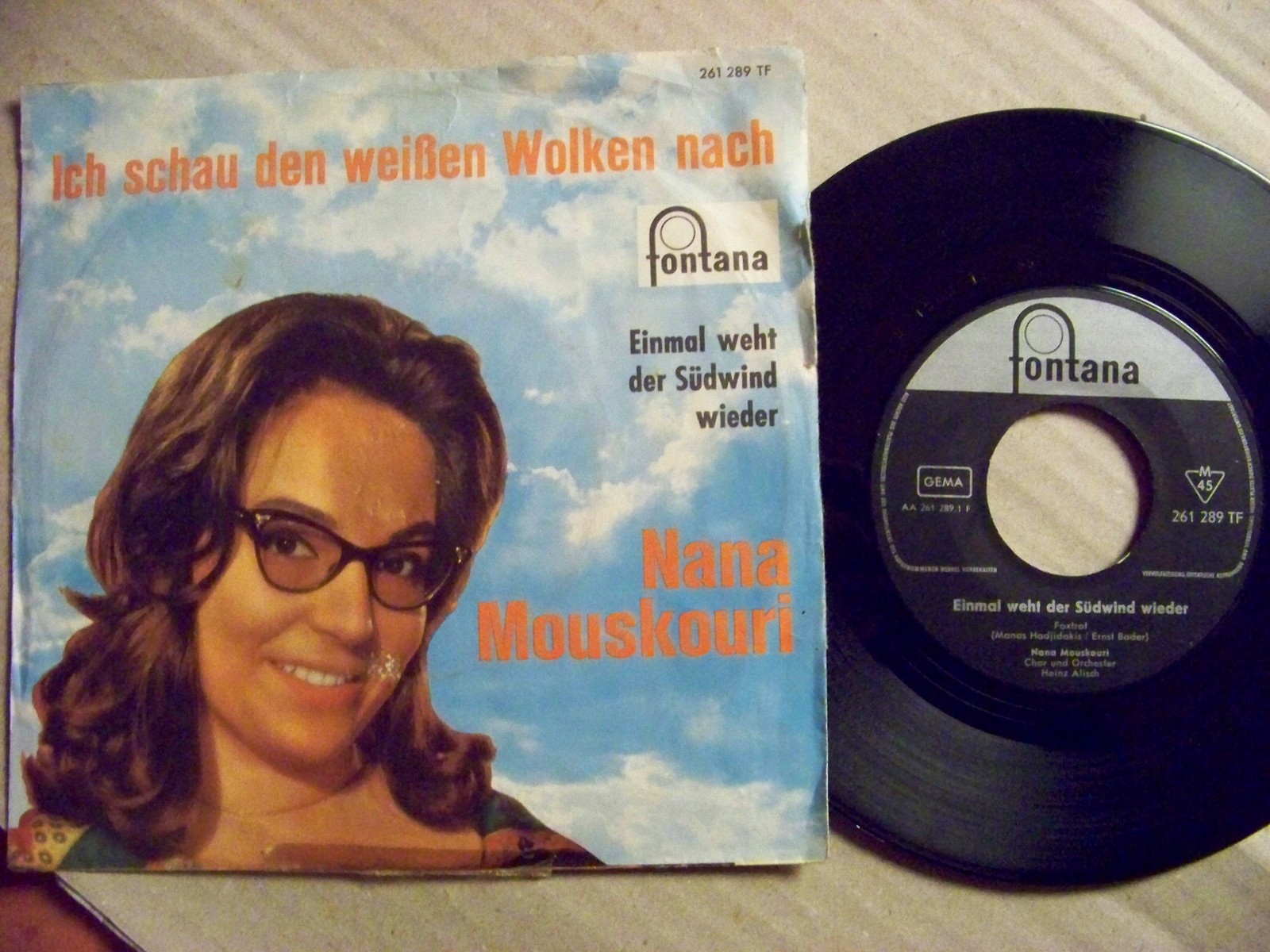 Nana Mouskouri – Einmal weht der Südwind wieder / Ich schau den weißen Wolken nach (Fontana, 261 289 TF)
