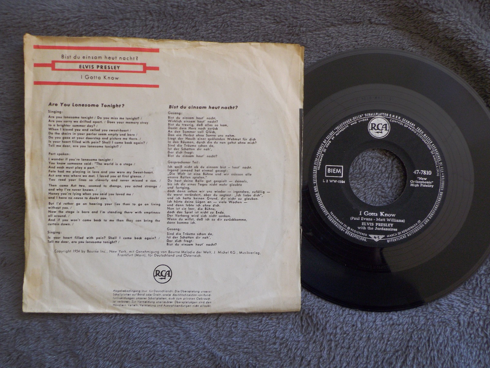 Elvis Presley – Bist du einsam heut nacht? / I gotta know – RCA Records 47-7810, Bild 2
