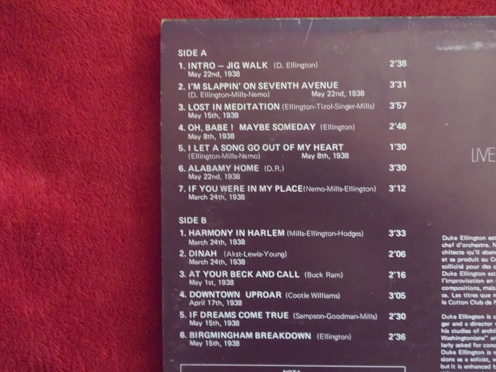 Duke Ellington – Live recording at the Cotton Club Vol. 1 (LP, Frankreich 1975), Bild 3