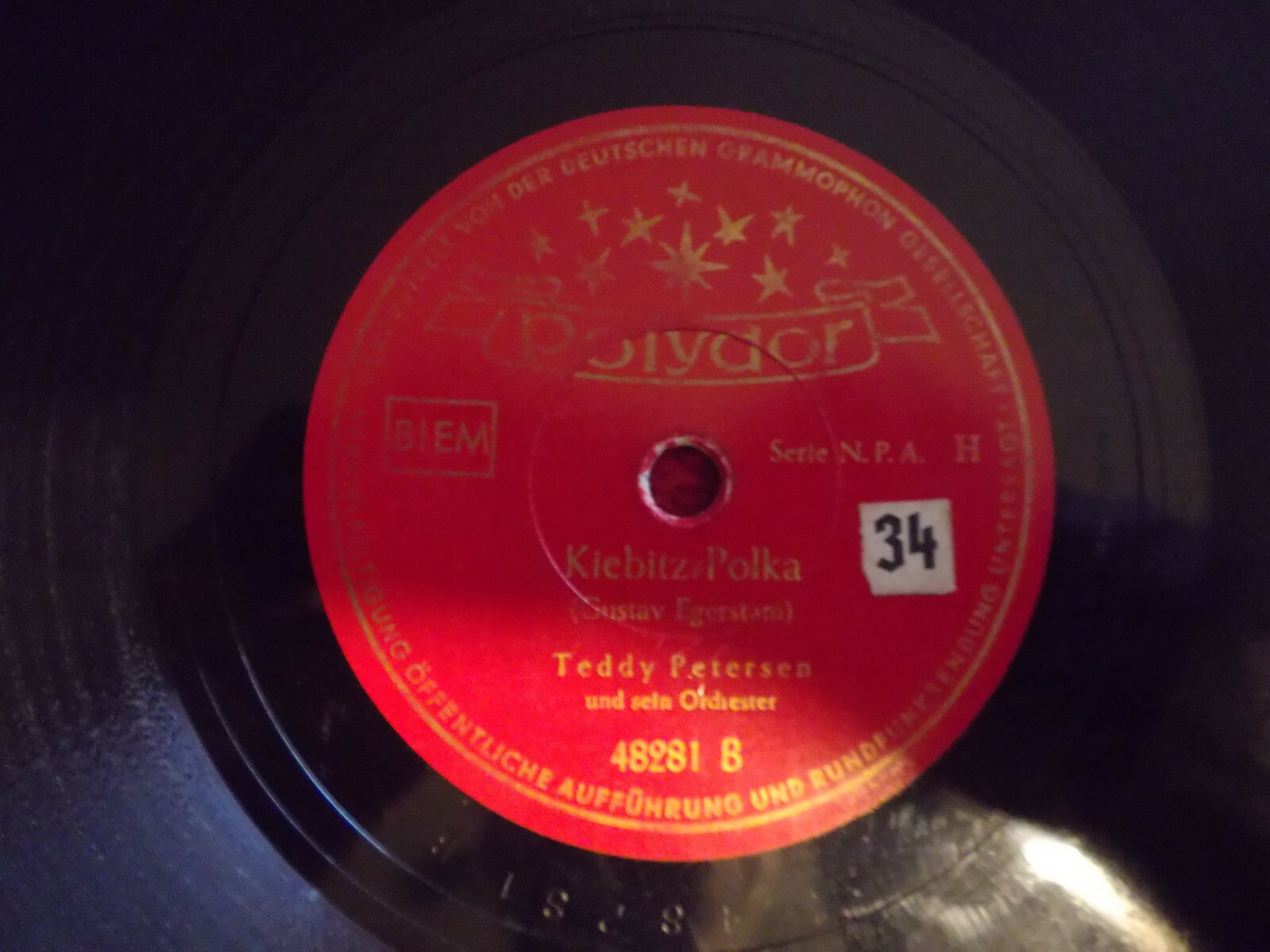 Teddy Petersen – Trompeten-Polka / Kiebitz-Polka (Polydor Records, 78er Schellack), Bild 2