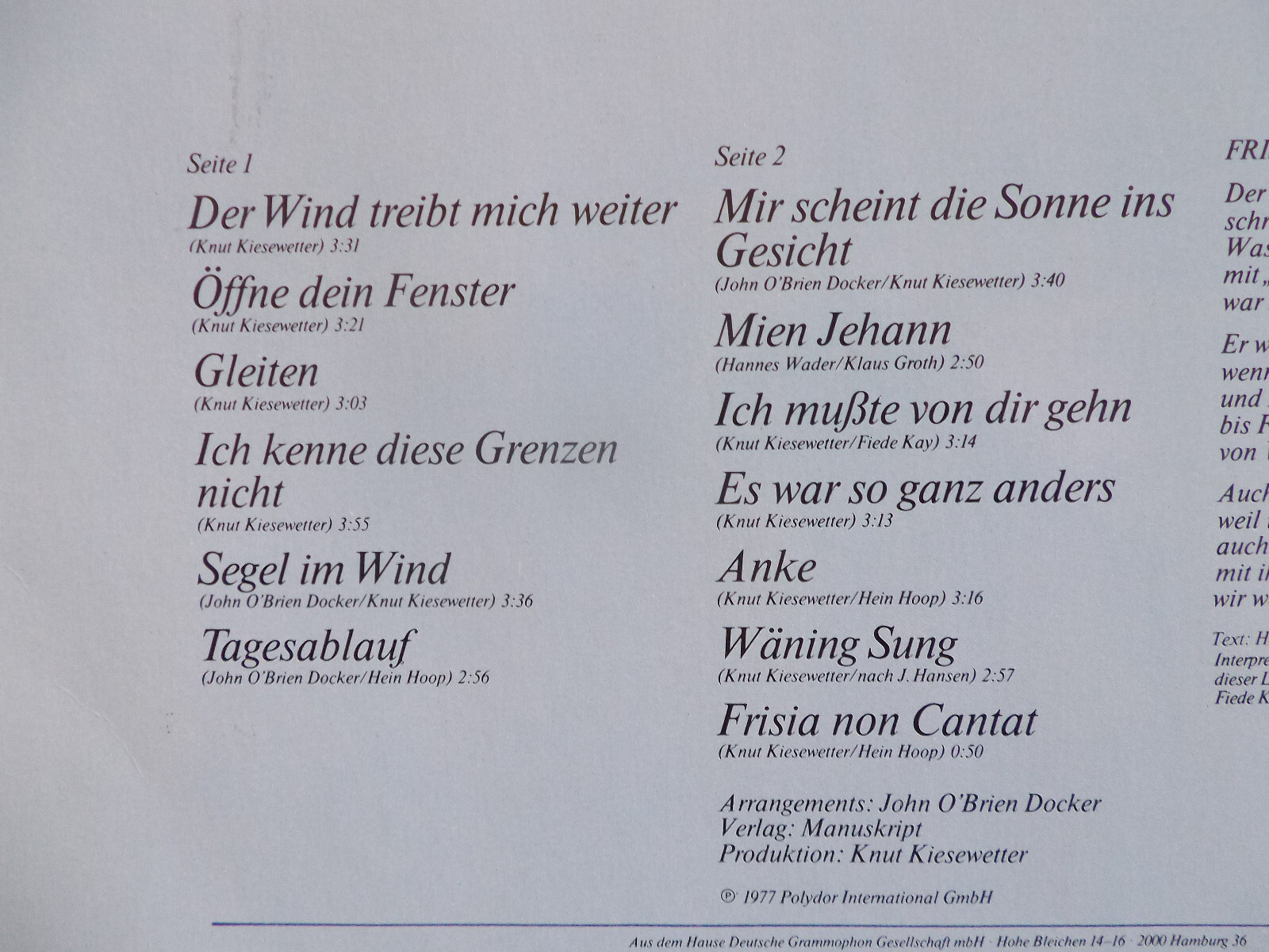 Fiede Kay – Der Wind treibt mich weiter (Polydor LP, 1977), Bild 3