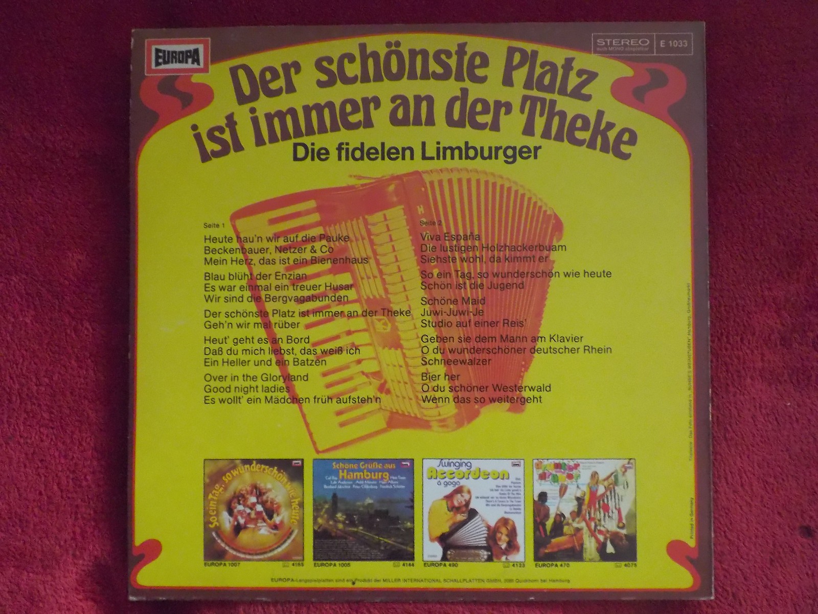 Die fidelen Limburger – Der schönste Platz ist immer an der Theke | Europa Records E 1033, LP (1976), Bild 2