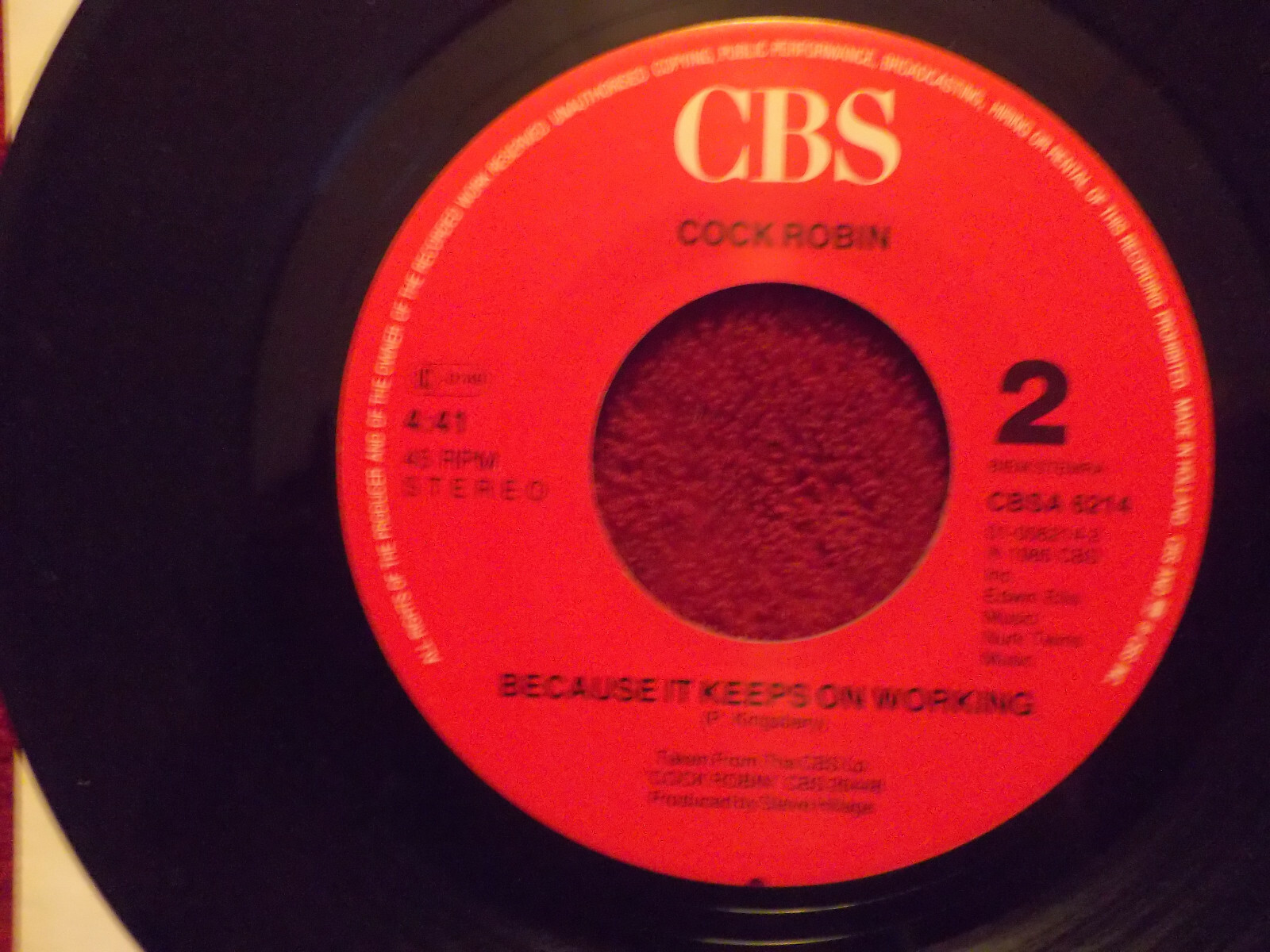 Cock Robin – When Your Heart Is Weak / Because It Keeps on Working (CBS, 1985), Bild 2