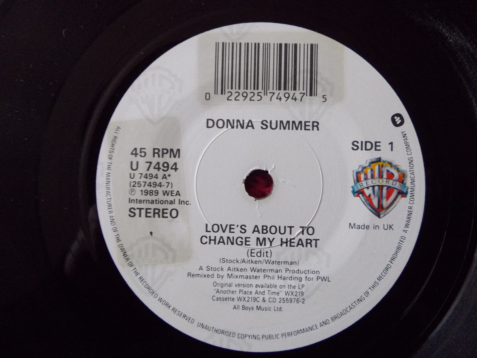 Donna Summer – Love´s about to change my heart / Love´s about to change my heart (Instr.), Single, England 1989